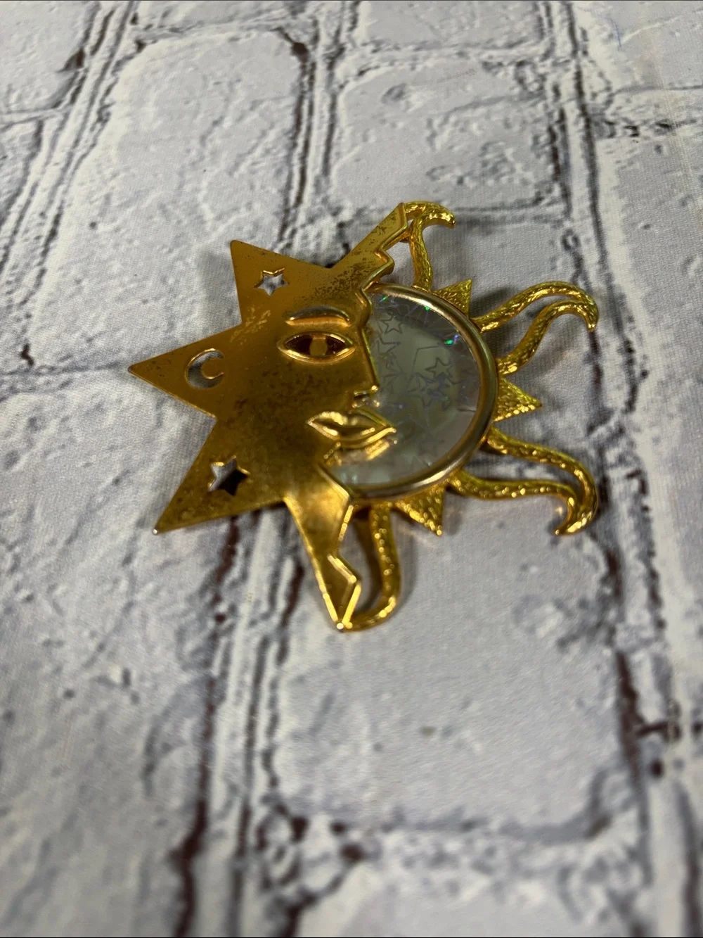VTG JJ Jonette Signed Celestial Sun Moon Stars Gold Tone Pin Brooch 3